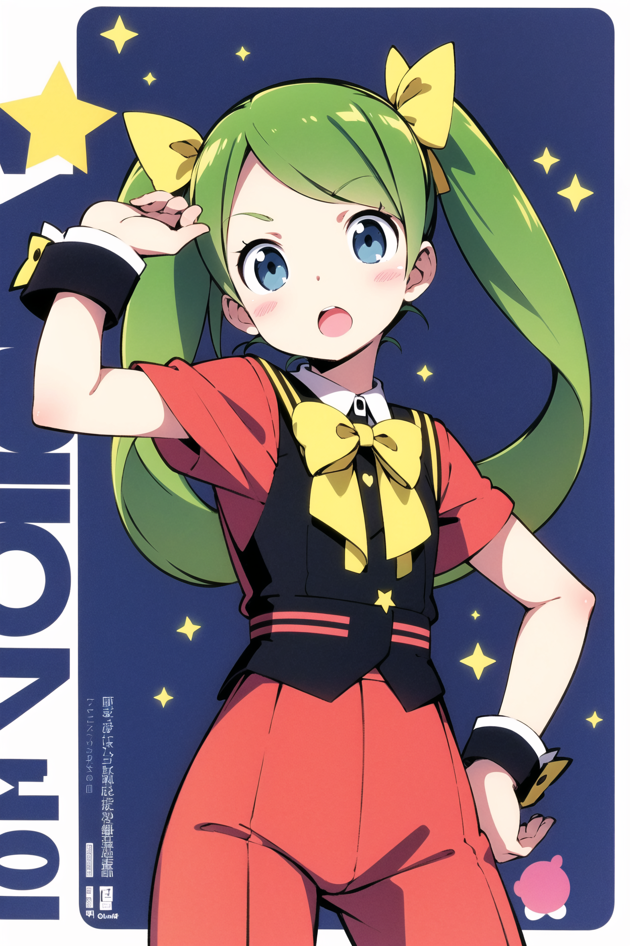 06979-1637118816-mascot, 1girl, yellow bow, solo, bow, green hair, twintails, star (symbol), blue eyes, open mouth, wrist cuffs, hand on hip, rib.png